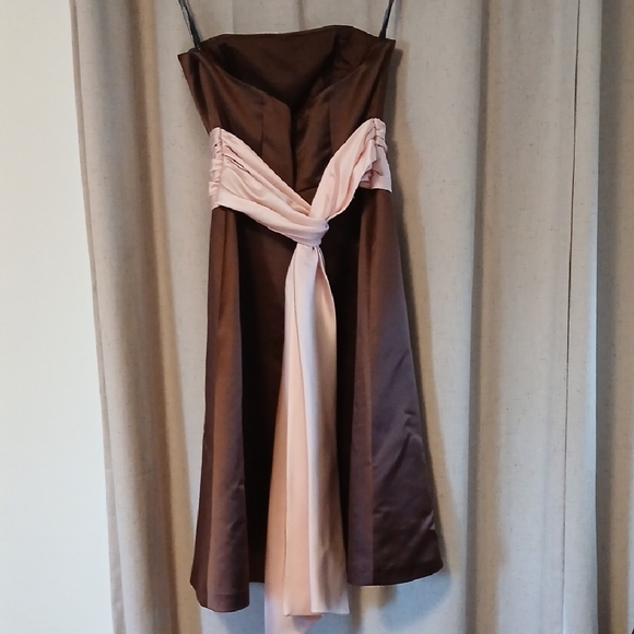 Bill Levkoff Brown Strapless Satin Dress with Light Pink Sash - Picture 2 of 6
